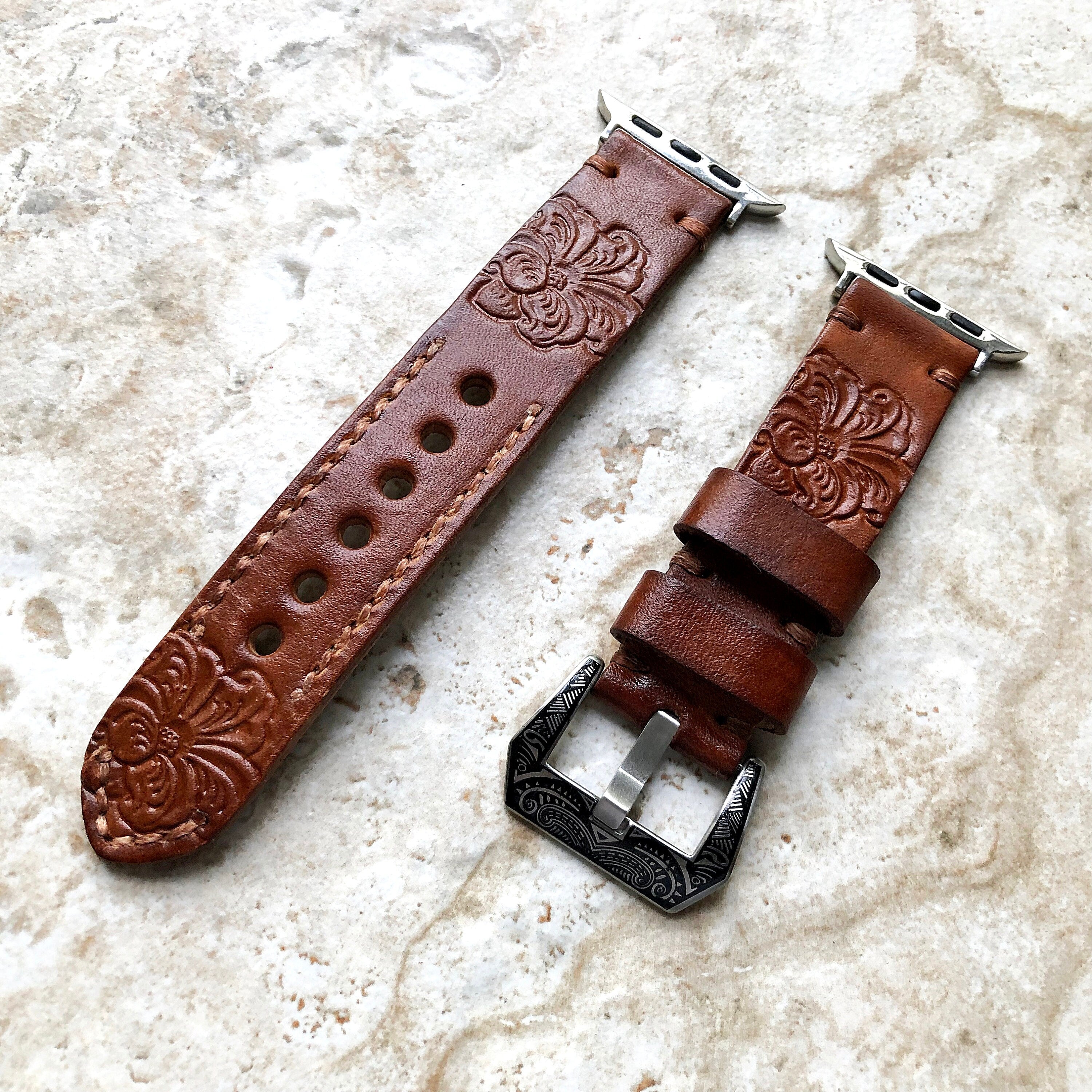 Apple Watch Band Peony Flower for iWatch Ultra 2 49mm and 9 8 Series 41mm 45mm Case Tooled Embossed Handmade Brown Leather Strap Bracelet
